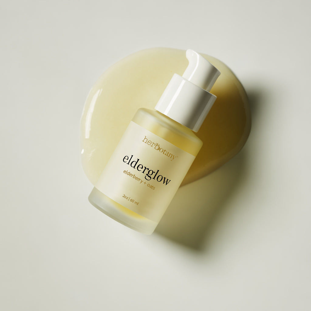 Herbbotany Skincare bottle labeled 'elderglow' on a neutral background
